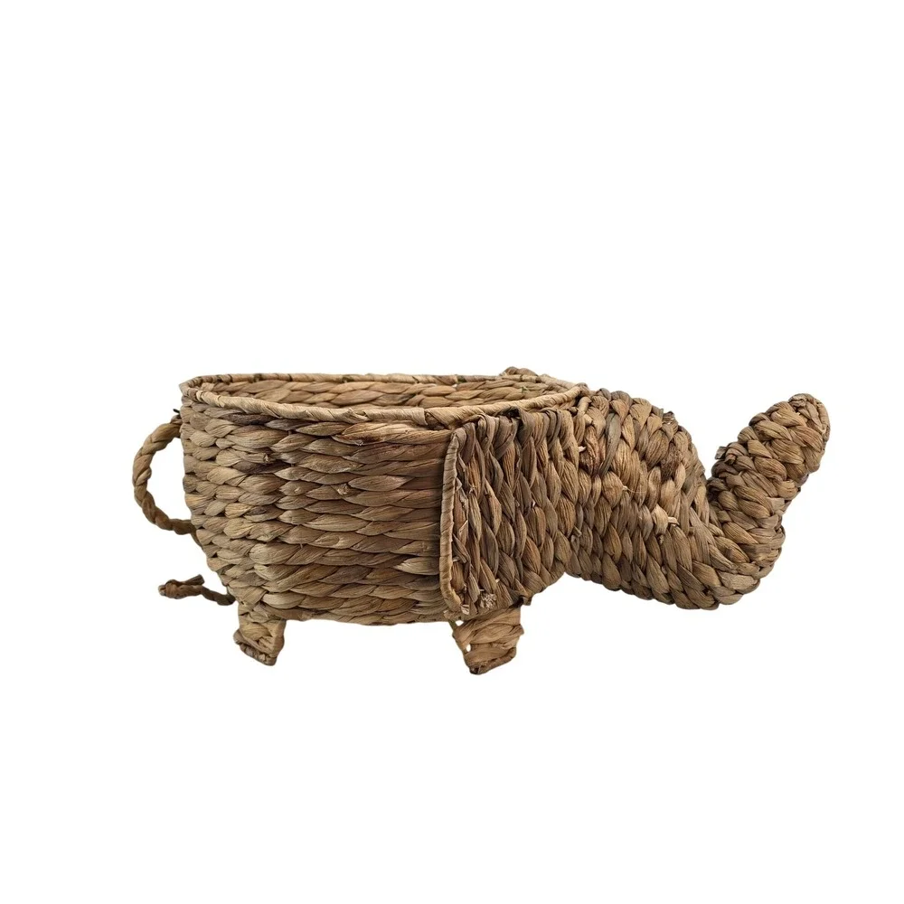Woven Elephant Basket Natural Water Hyacinth Animal Shaped Storage Boho Decor